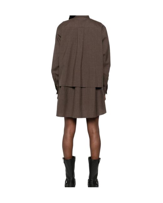 Sacai Brown Long-Sleeve Layered Mini Shirt Dress