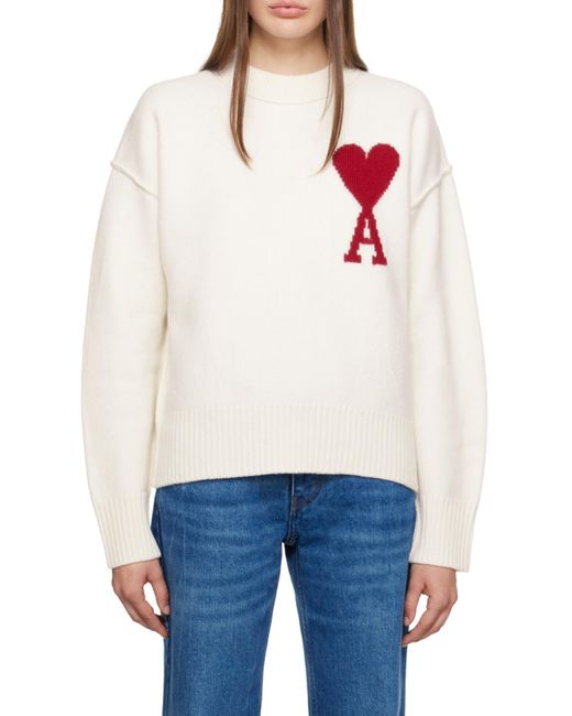 AMI White Ami De Coeur Crewneck Long-Sleeved Jumper for men