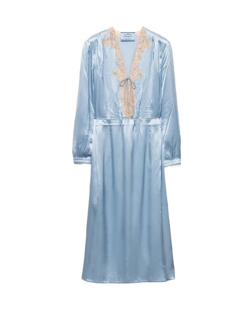 Prada Blue Long-Sleeved Satin Crepe And Lace Dress
