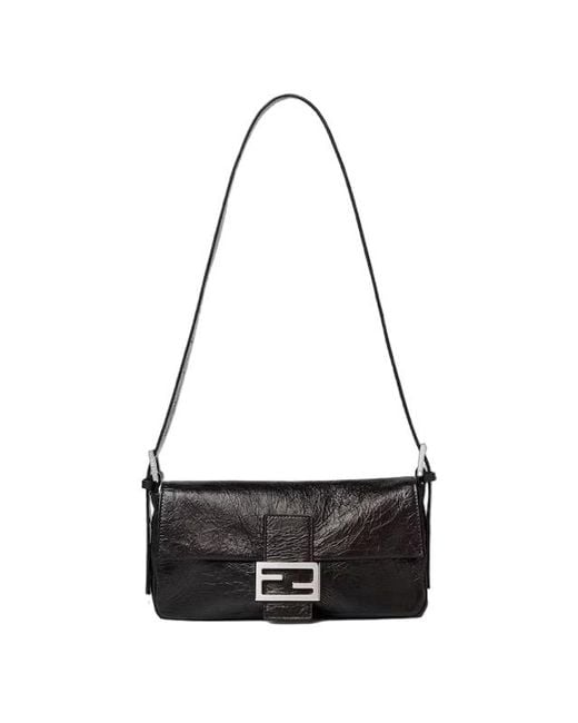 Fendi Black Baguette Ff Buckle Cracked Shoulder Bag