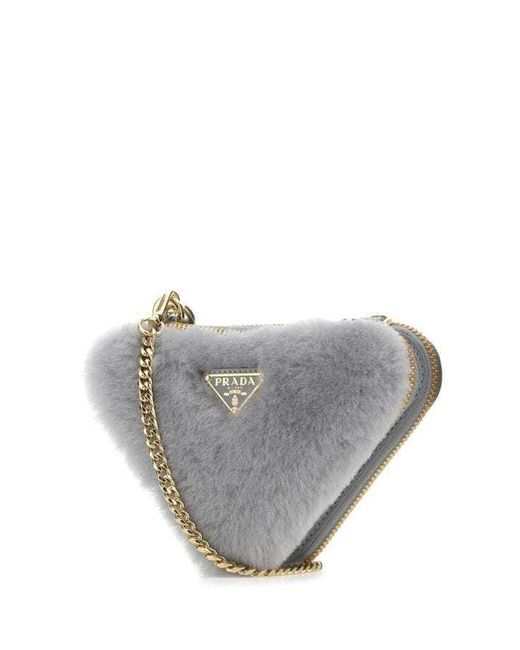 Prada Gray Shearling And Saffiano Leather Mini-Pouch