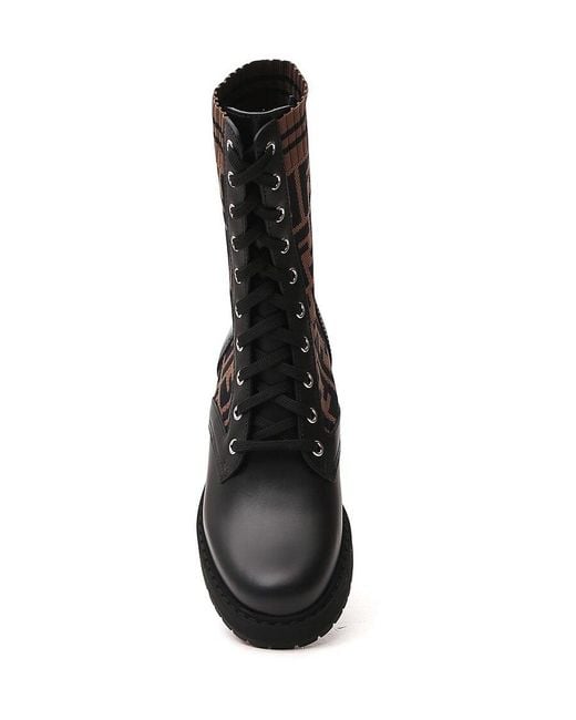 Fendi Black Leather Biker Boots With Stretch Fabric