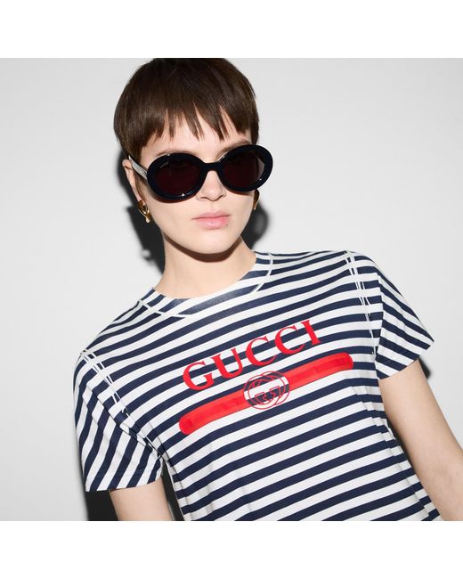 Gucci Blue Logo Printed Striped T-Shirt