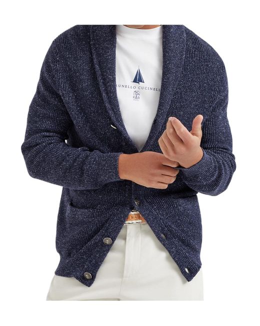 Brunello Cucinelli Blue Long Sleeved Knitted Cardigan for men