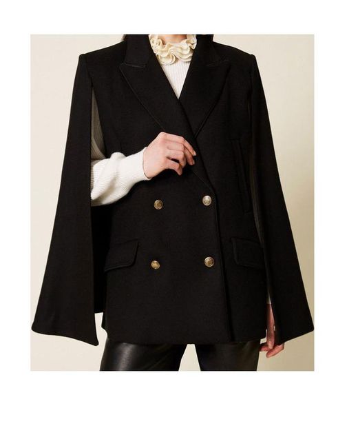 Twinset Black Wool-Blend Double-Breasted Coat