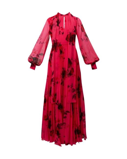 Erdem Red Pleated Floral-Print Voile Gown