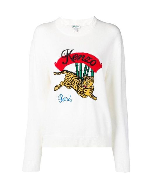 KENZO White Knitted Tiger Logo Pullover
