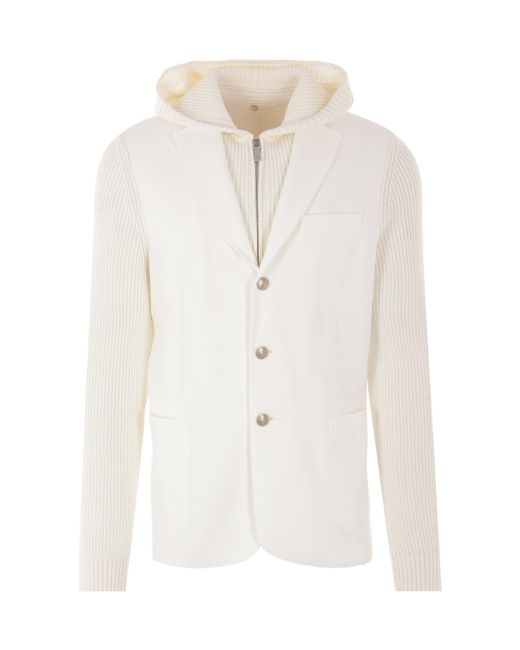 Eleventy White Piquet And Knit Hooded Jacket for men