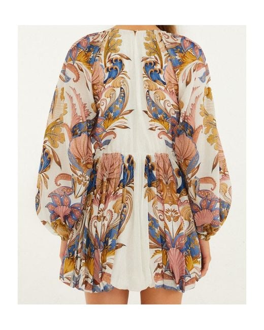 Farm Rio White Sea Garden Floral-Printed Long-Sleeved Mini Dress