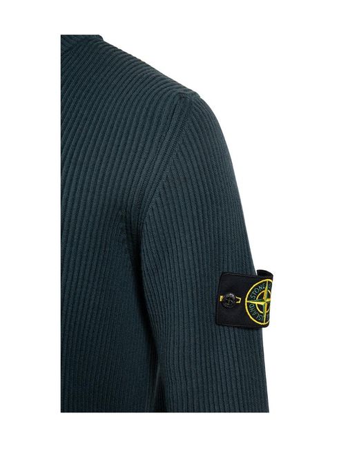 Stone Island Blue Compass-Patch Ribbed-Knit Jumper for men