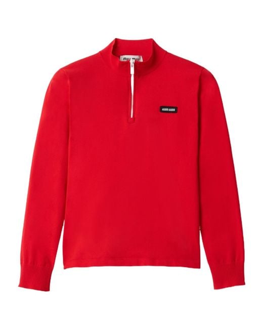Miu Miu Red Half-Zipped Knitted Top