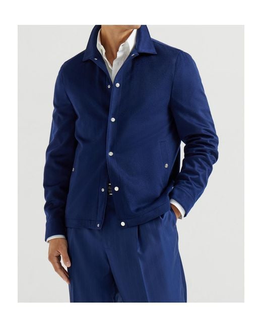 Brunello Cucinelli Blue Flannel-Texture Cashemere Shirt Jacket for men