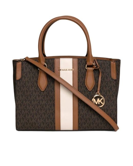MICHAEL Michael Kors Brown Becca Medium Signature Logo Stripe Satchel