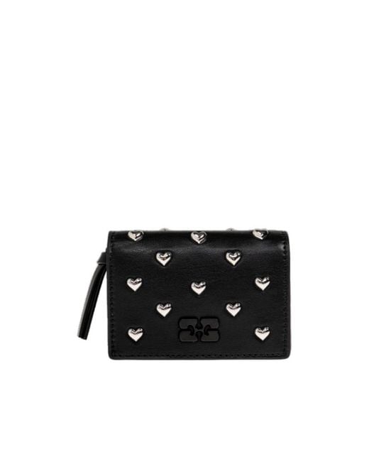 Ganni Black Bou Heart-Stud Wallet