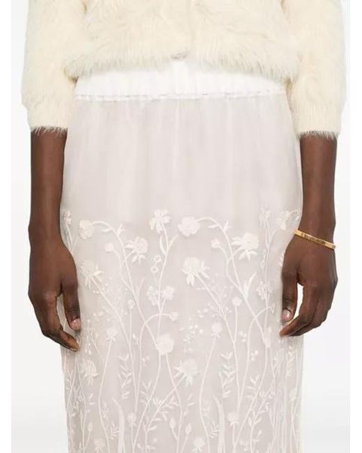 P.A.R.O.S.H. White Floral-Embroidered Midi Skirt