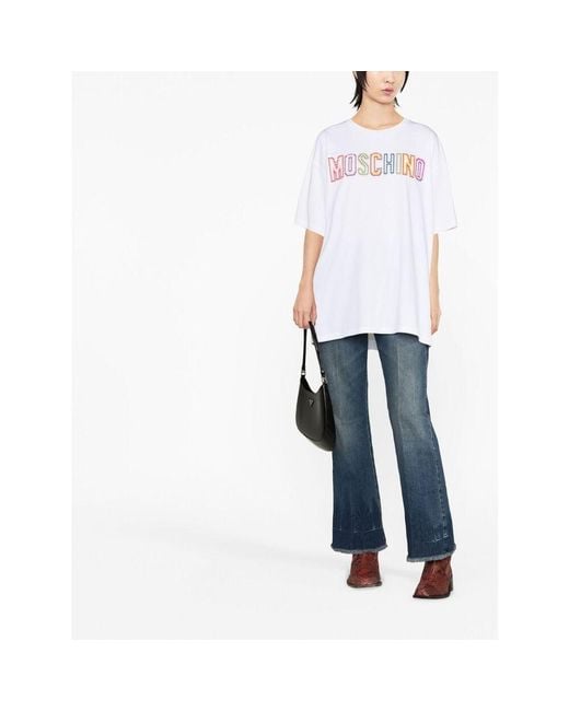Moschino White Maxi Logo Embroidered Crewneck T-Shirt