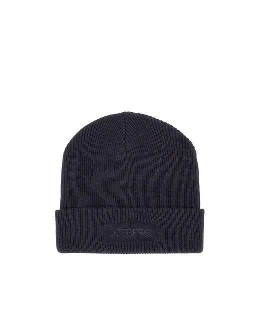 Iceberg Blue Logo-Embroidered Knitted Beanie Hat for men