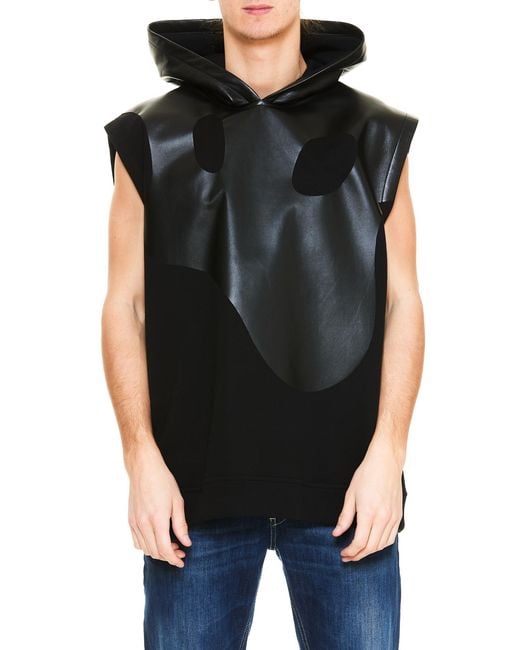 Burberry Black Leather Monster Logo Sleeveless Hoodie for men