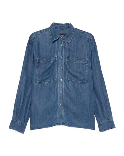 7 For All Mankind Blue Long-Sleeved Shirt