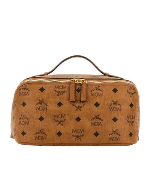 MCM Brown Ottomar Logo Printed Medium Wash Bag