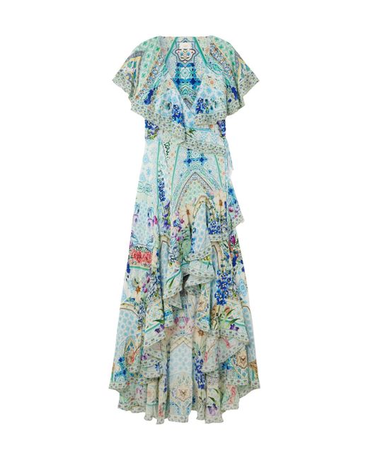 Camilla Blue Asymmetric Crystal-Embellished Ruffled Silk Maxi Wrap Dress