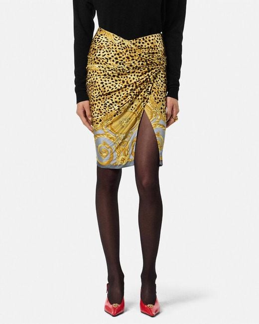 Versace Metallic Cheetah Foulard Draped Midi Skirt