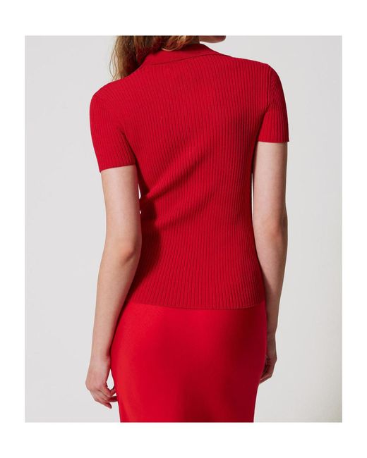 Twinset Red Fine Ribbed Polo Top