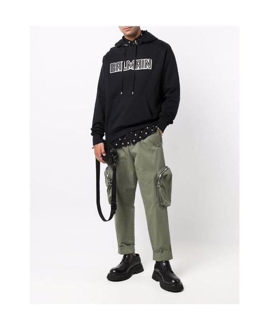 Balmain Black Cotton Sweatshirt With Embossed Paris Logo Print for men