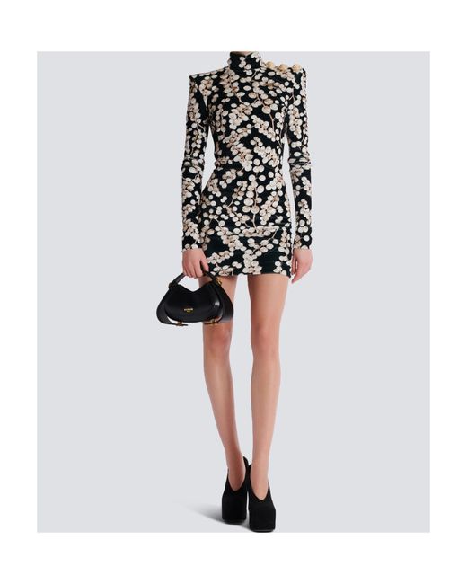 Balmain Black Backless Velvet Dress With Redcurrant Print
