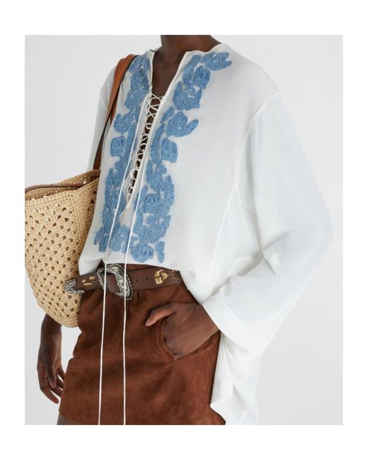 Ermanno Scervino Blue Floral-Appliqué Crepe-De-Chine Tunic