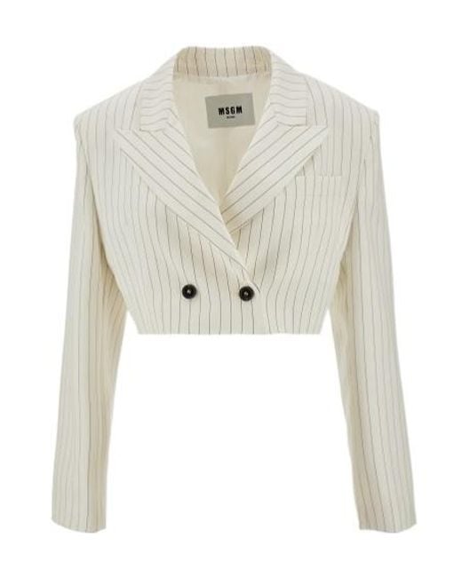 MSGM White Pinstripe-Pattern Cropped Blazer