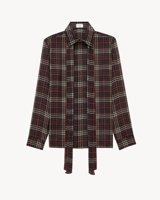 Saint Laurent Brown Cassandre Tartan Crêpe Shirt