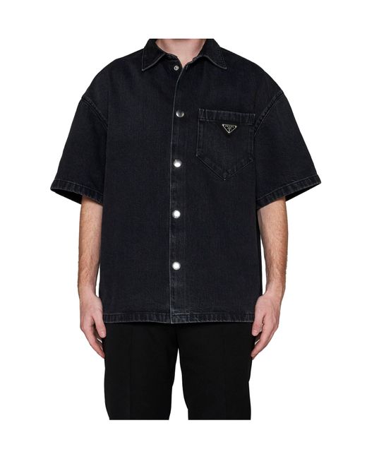 Prada Black Logo Plaque Short Sleeved Denim Shirt for men