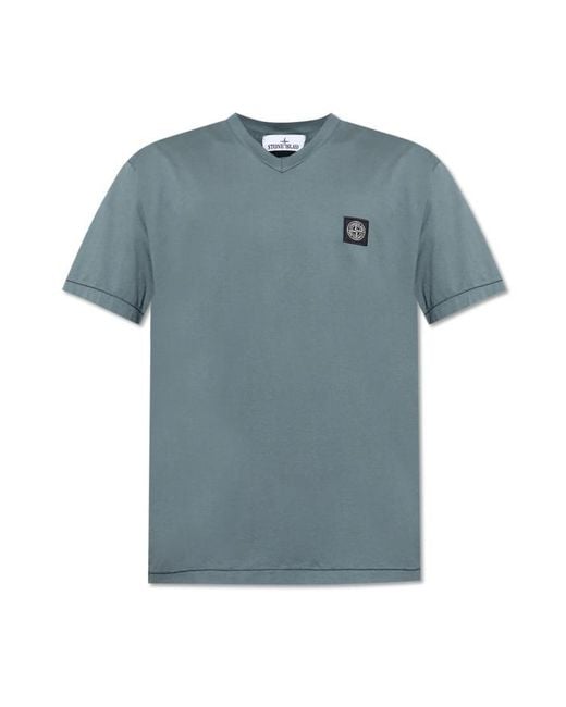 Stone Island Blue V-Neck T-Shirt for men