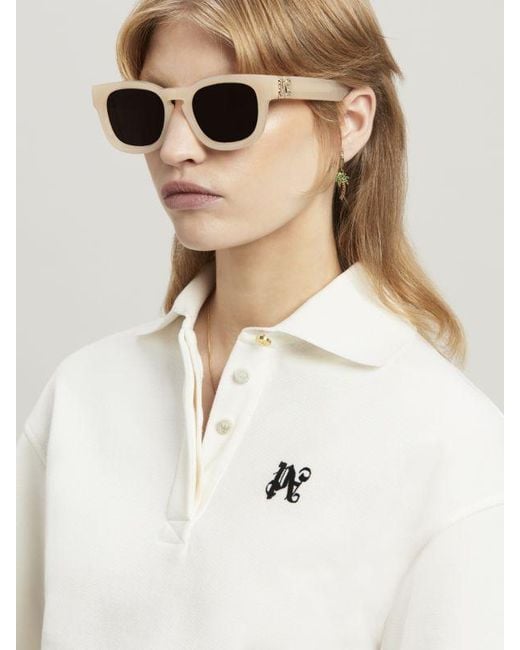 Palm Angels White Monogram Embroidered Cropped Polo Shirt