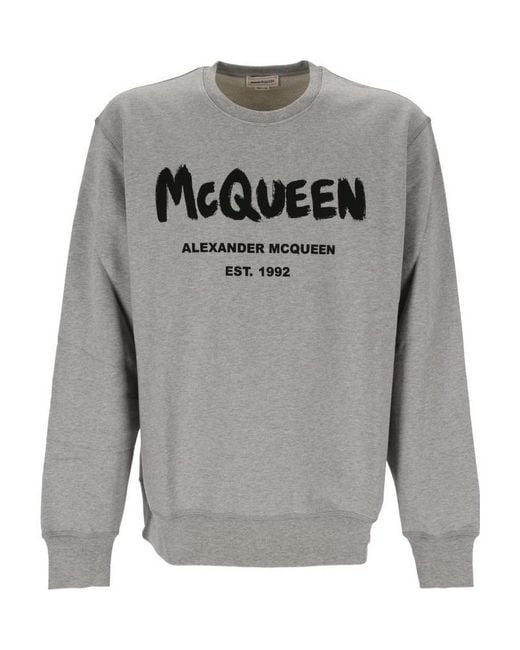 McQueen Gray Graffiti Printed Round Neck Sweater for men