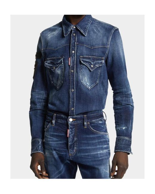 DSquared² Blue X Ducati Denim Fashion Distressed Western Shirt for men
