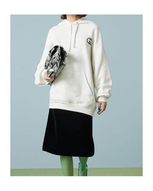 Gucci White Gg Logo Motif Embroidered Hoodie