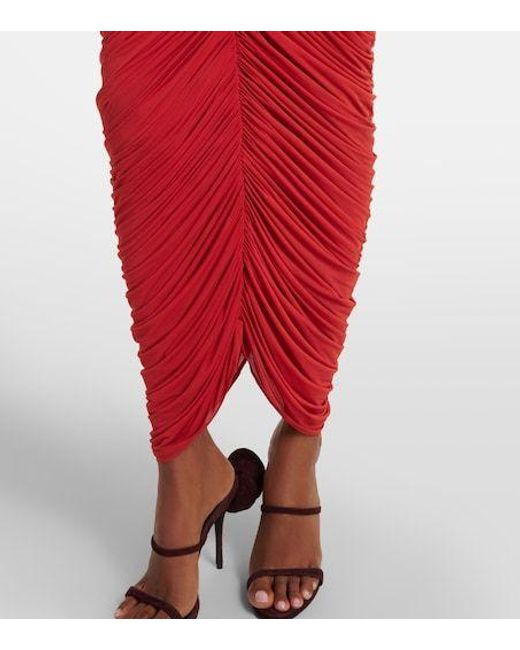 Magda Butrym Red Floral-Applique Ruched Jersey Midi Dress