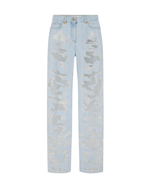 Elisabetta Franchi Blue Organza Detailed Distressed Palazzo Jeans