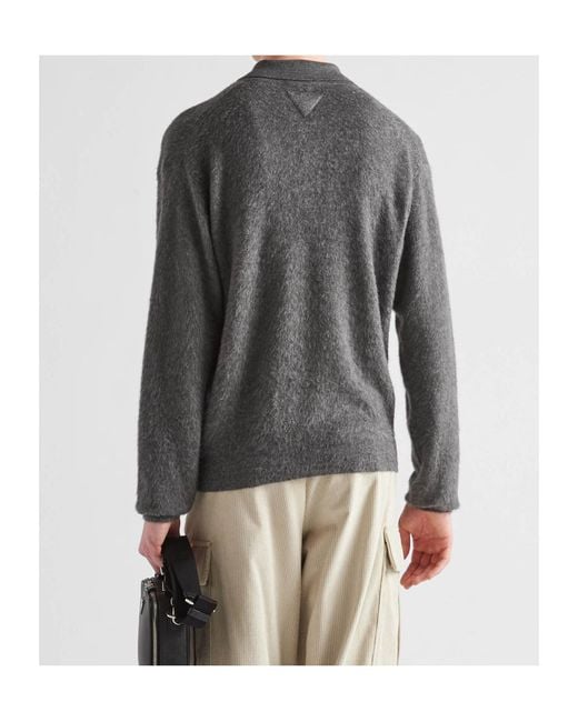 Prada Gray Cashmere And Silk Polo Sweater for men