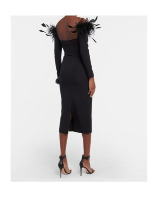 Safiyaa Black Feather-Trimmed Midi Dress