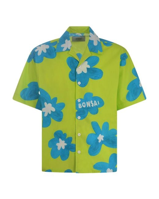Bonsai Blue Floral Print Lime Bowling Shirt for men