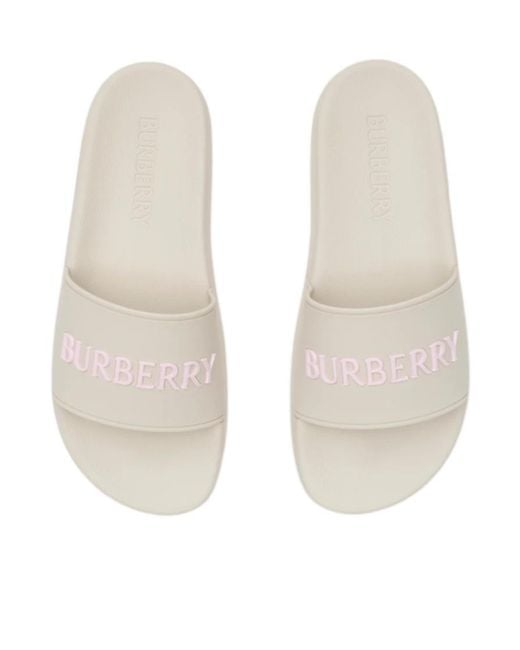 Burberry White Logo Detailed Slip-On Slides