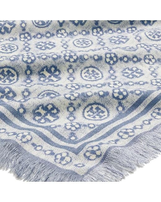 Tory Burch Blue Fringed Monogram Scarf