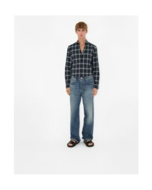 Burberry Blue Cotton Poplin Check Shirt for men