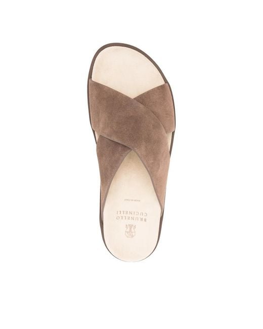 Brunello Cucinelli Brown Crossover Strap Slip-On Sandals for men