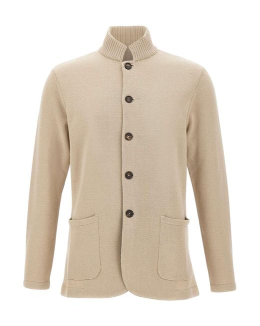 Eleventy Natural Ribbed Collar Buttoned Cardigan for men