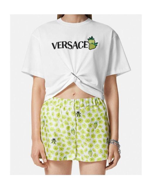 Versace White Strawberry-Motif Safety-Pin Detailed T-Shirt