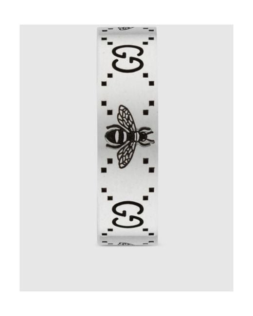 Gucci White Gg And Bee Engraved Wide Ring